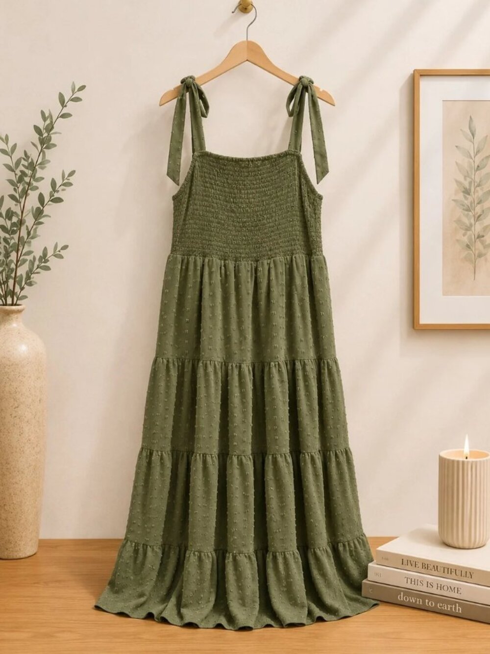 Olive Green Tie-Shoulder Tiered Maxi Dress